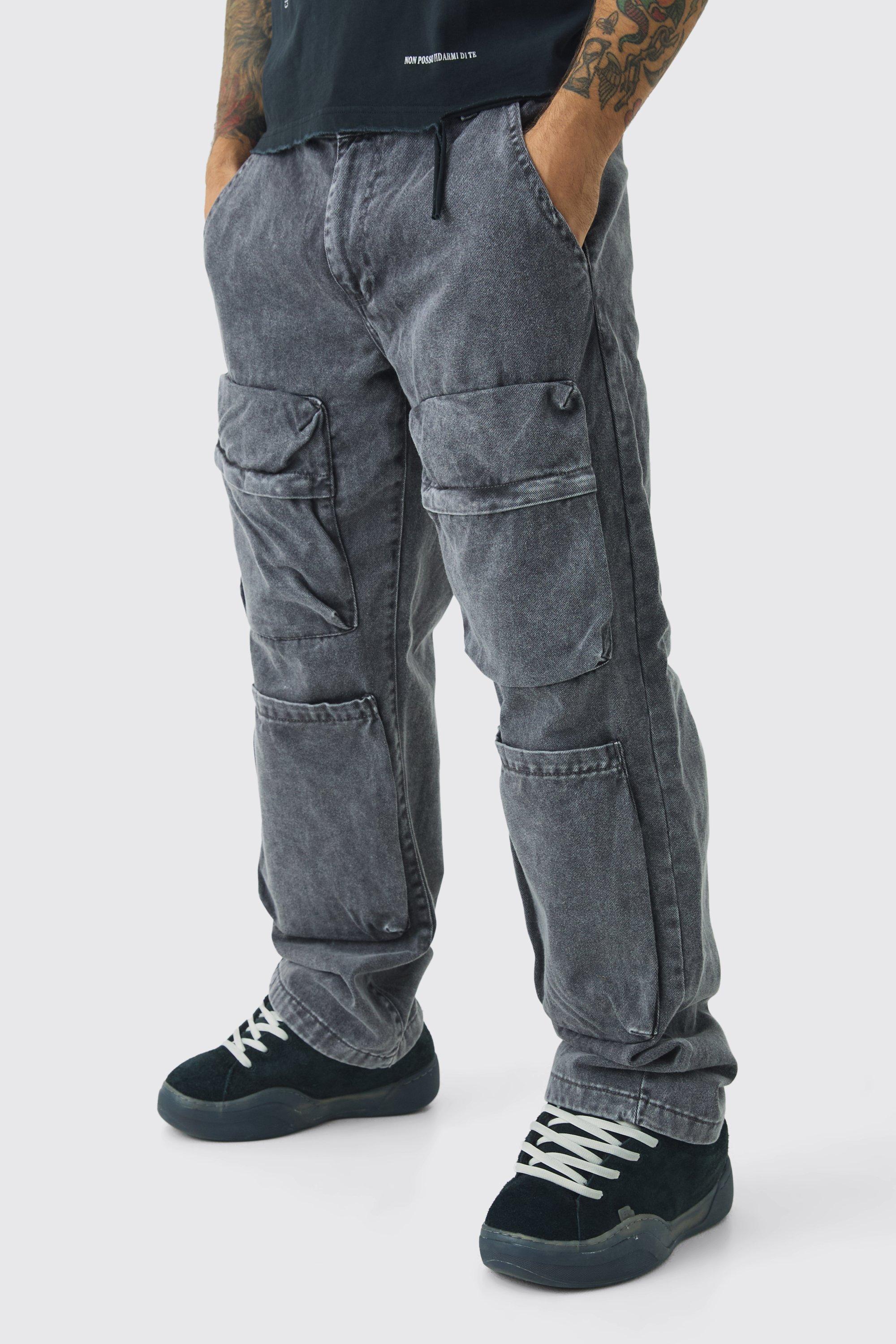 Mens Grey Relaxed Heavyweight Twill Acid Washed Cargo Trousers, Grey